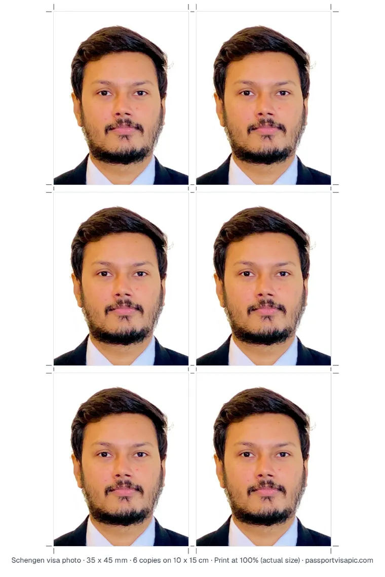 Folha de 10 x 15 cm com seis cópias da foto de passaporte e guias de corte